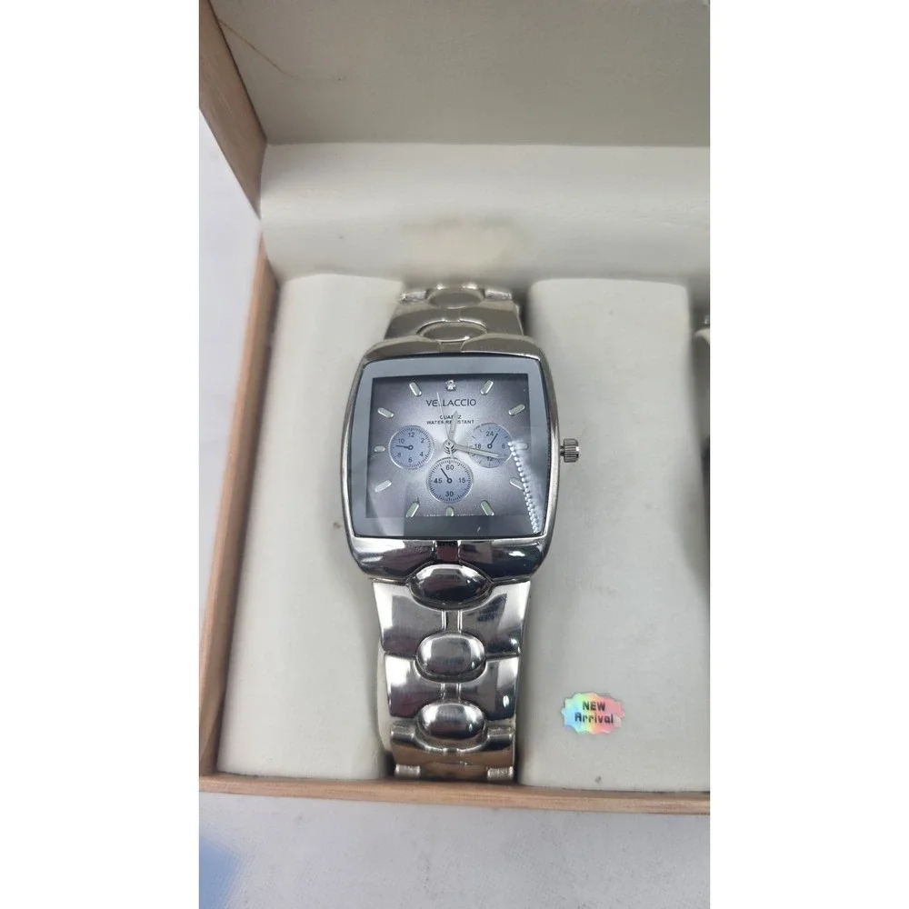 Vellaccio His & Hers Watch Set Silver Color Bands Blue Face in Original Case